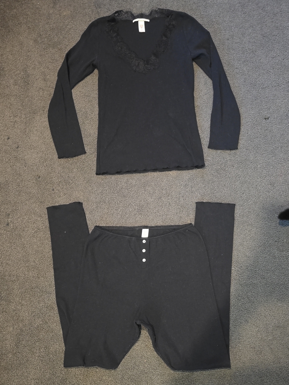 Victoria's Secret Black Long-Sleeve Lace-Trim Pajama Set